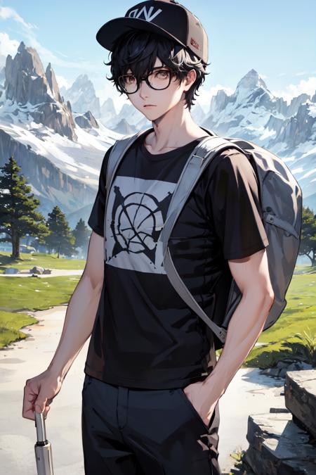 2502154-3300305023-masterpiece, best quality, absurdres, 1boy, solo, AmamiyaRen, glasses, pants, shirt, hiker, baseball cap, mountain scene, backpa.png